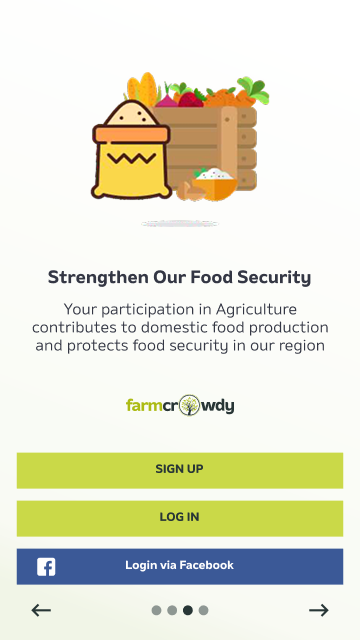 First-run screen headed “Strengthen Our Food Security”, describing participation in agriculture contributing to domestic food production.