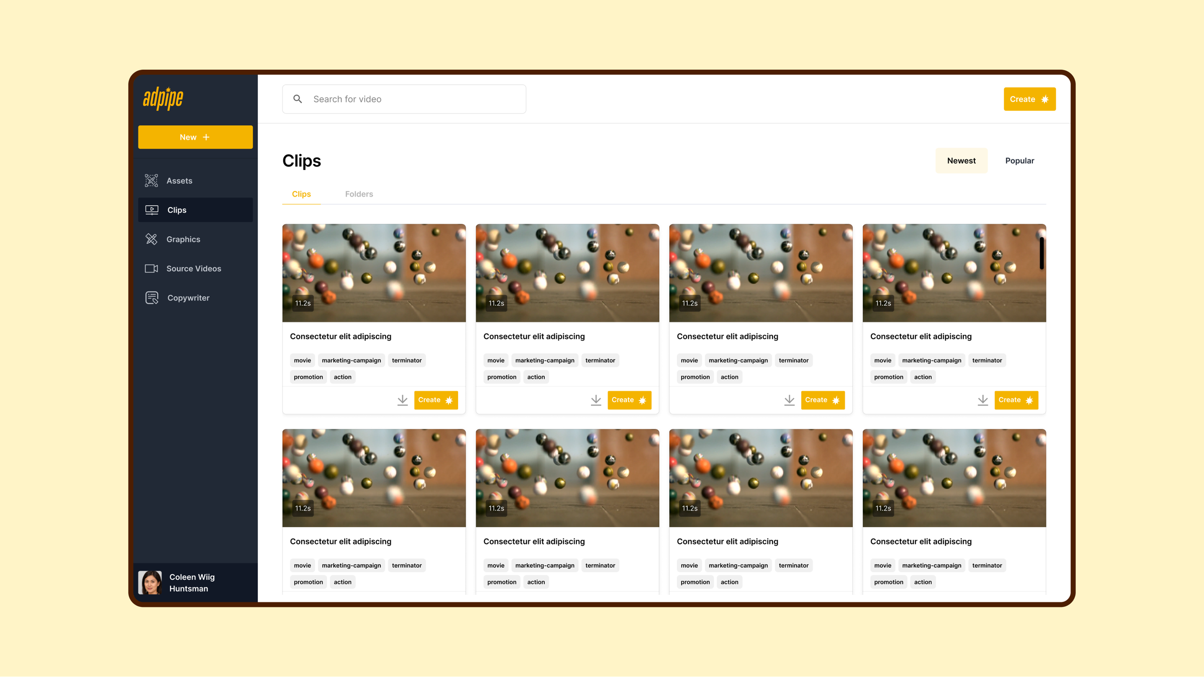 The AdPipe Clips workspace, listing produced video outputs as individual items in the product.
