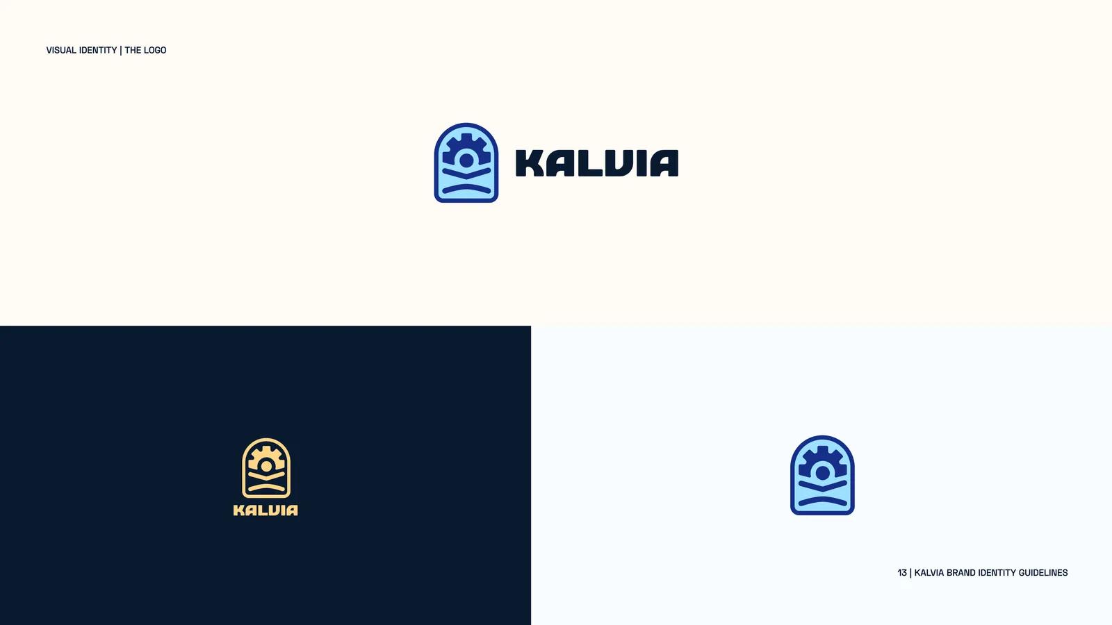 The Kalvia mark and wordmark shown in Lagos Blue on cream and in gold on dark navy.