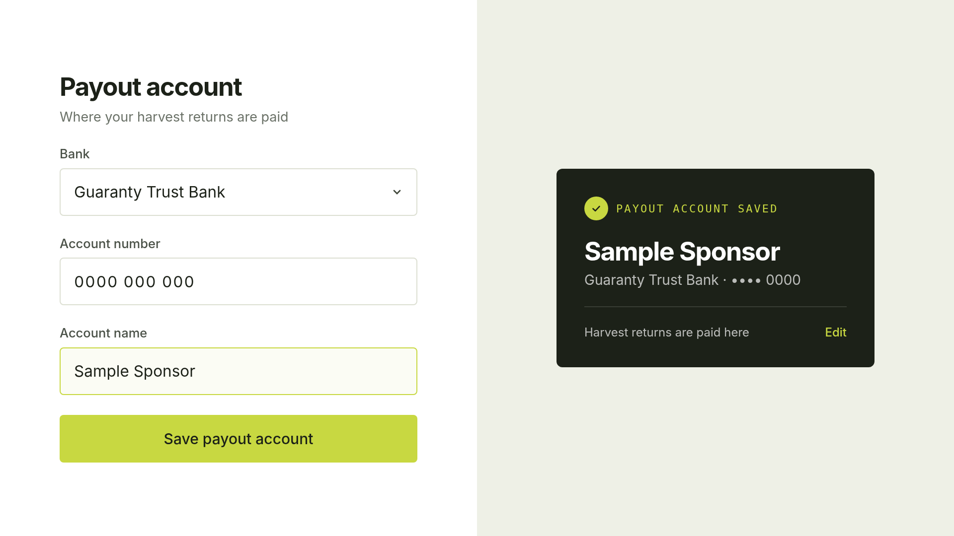 Payout bank details in the account profile with an illustrative saved-account state