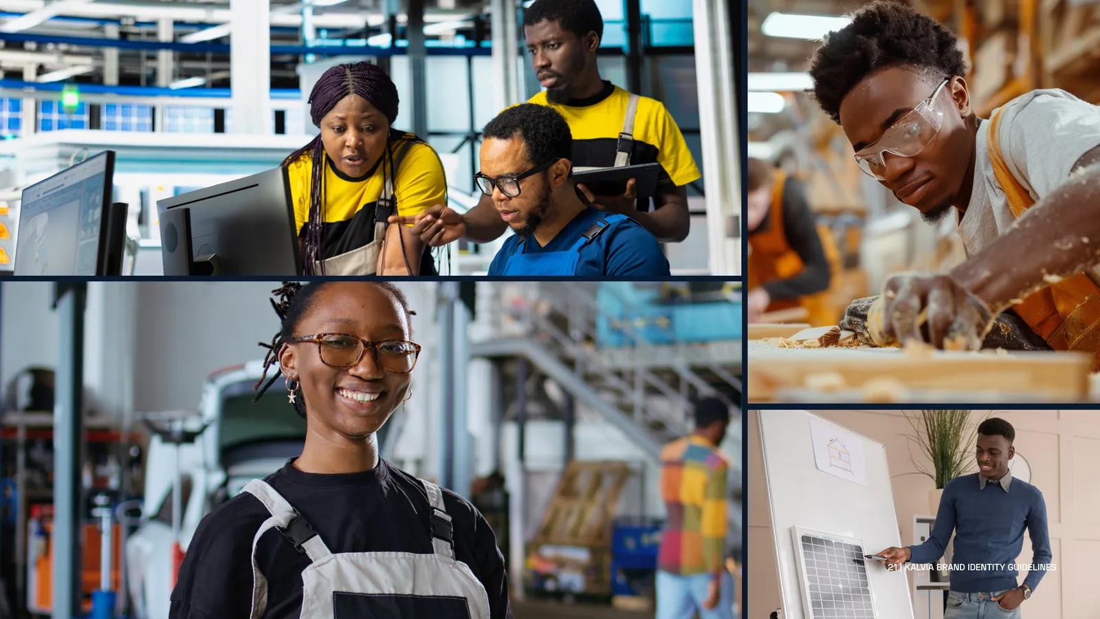 Kalvia imagery direction: technicians and trainees at work in contemporary Nigerian workspaces.