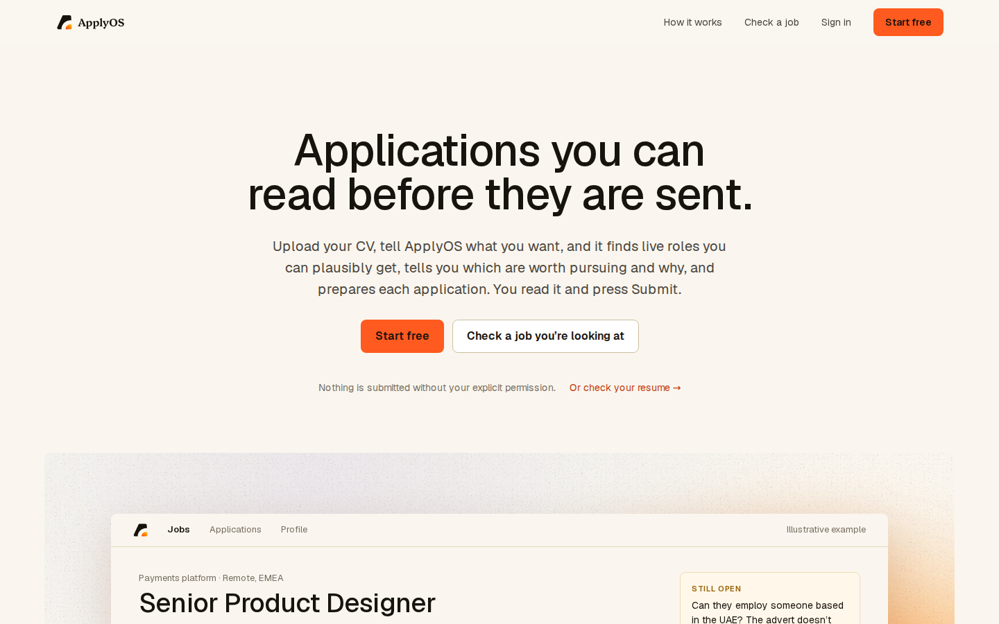 Actual ApplyOS production public website at 1440px, including its illustrative role-decision preview