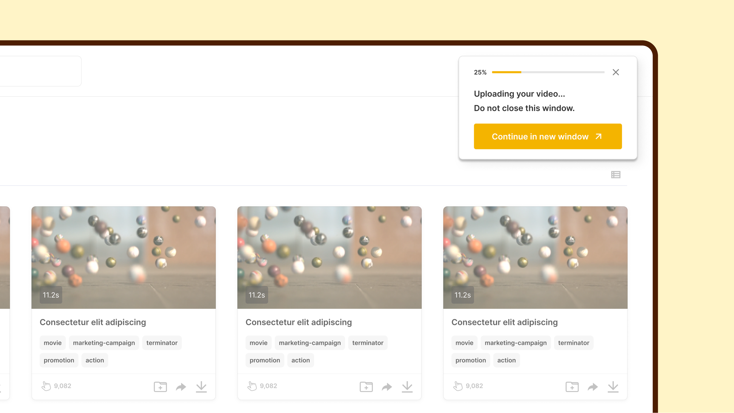 An AdPipe upload showing its progress in place, over the surrounding product content rather than in a separate modal.