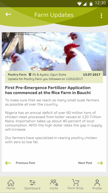 A single farm update dated 13.07.2017 headed “First Pre-Emergence Fertilizer Application has commenced at the Rice Farm in Bauchi”, with body text and previous/next navigation.