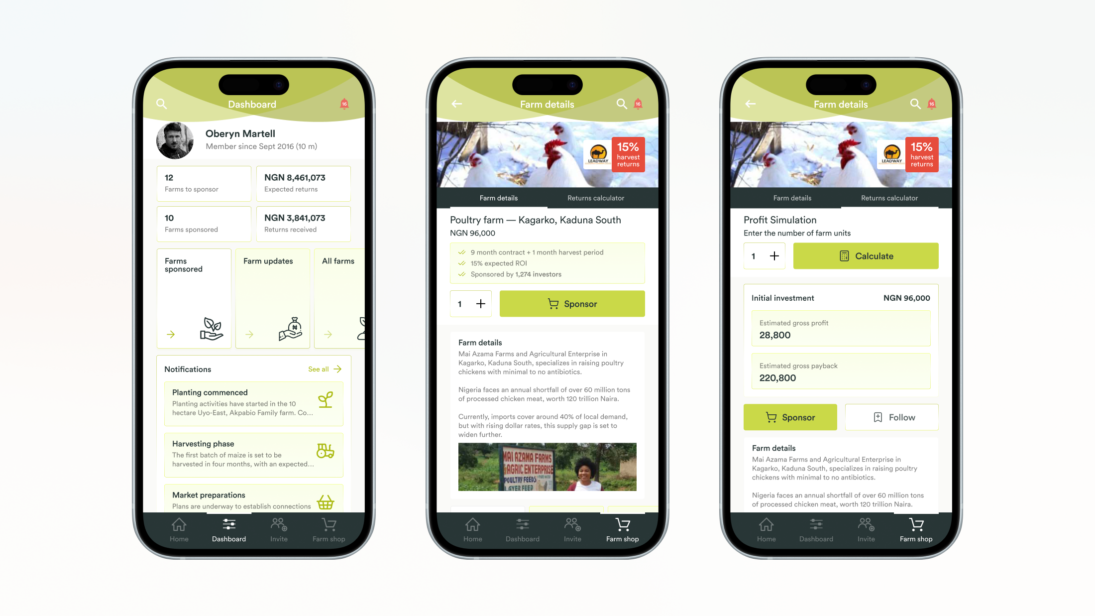 The Farmcrowdy mobile app dashboard and farm shop
