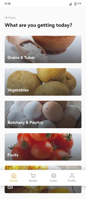 Farmcrowdy Foods category browser asking “What are you getting today?” over grains, vegetables, poultry and fruit categories.
