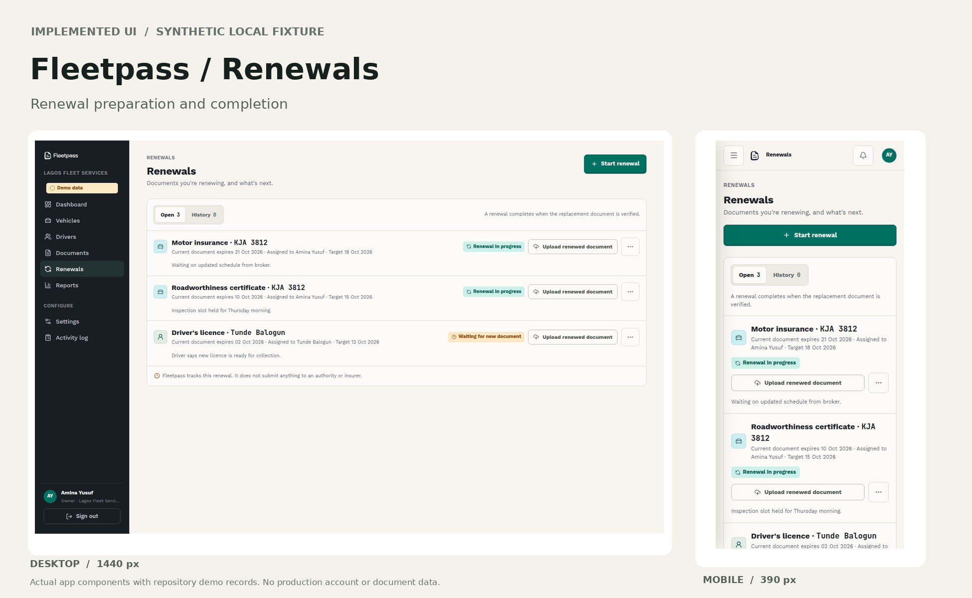Fleetpass implemented renewal preparation screens on desktop and mobile
