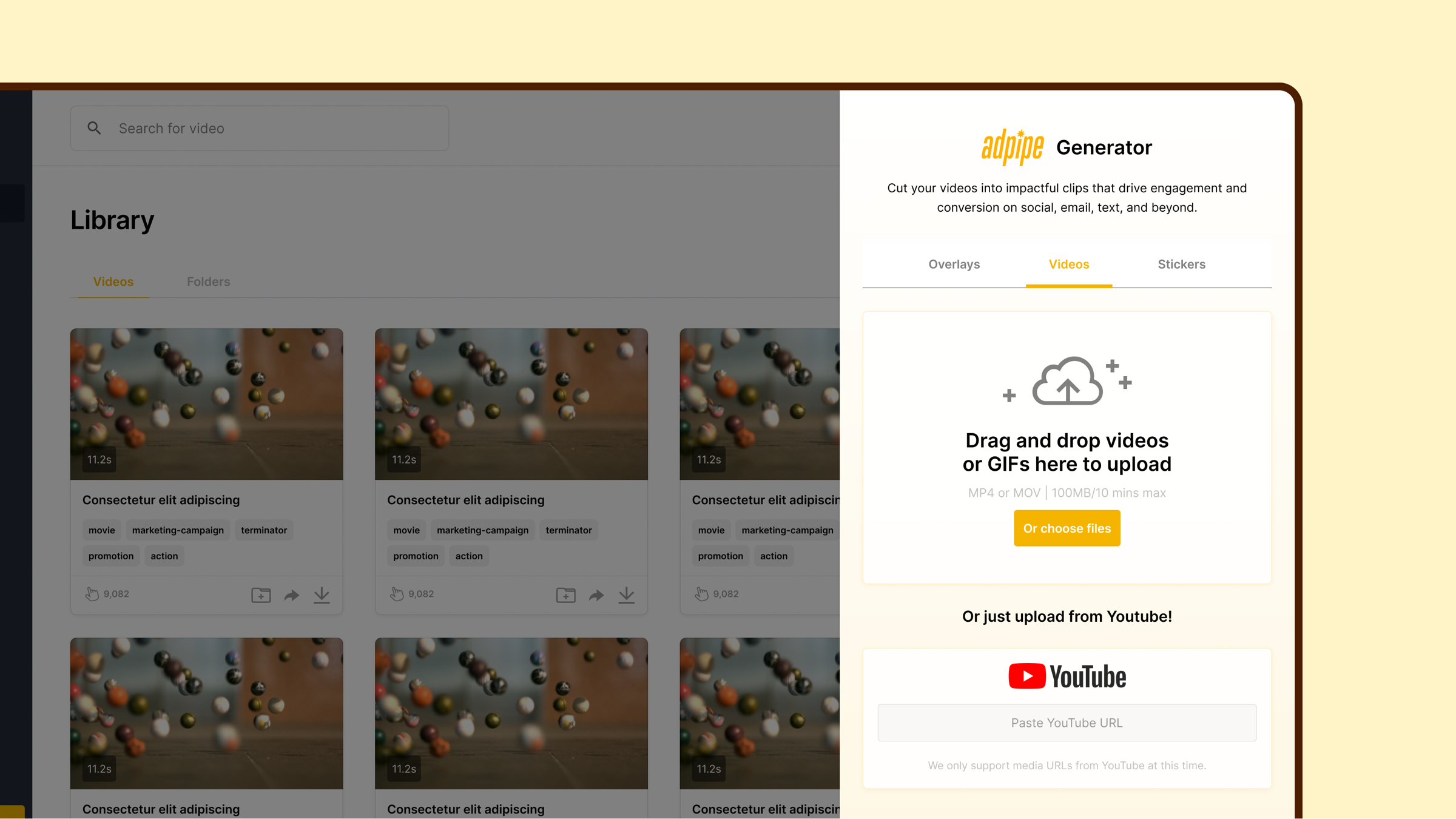An AdPipe Generator panel opened over the library, offering local video or GIF upload and a YouTube URL as ways to add source media.