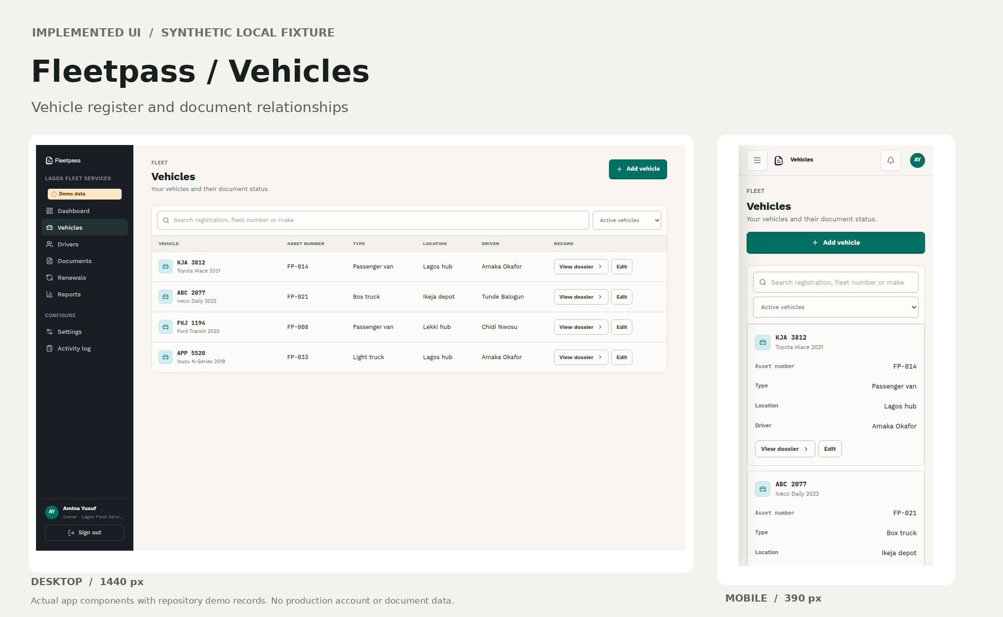 Fleetpass demo vehicle register on desktop and mobile