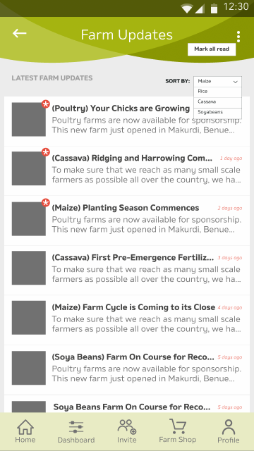 Farm Updates screen listing latest updates by crop, with a sort-by control offering maize, rice, cassava and soybeans, each entry summarising activity on a specific farm.