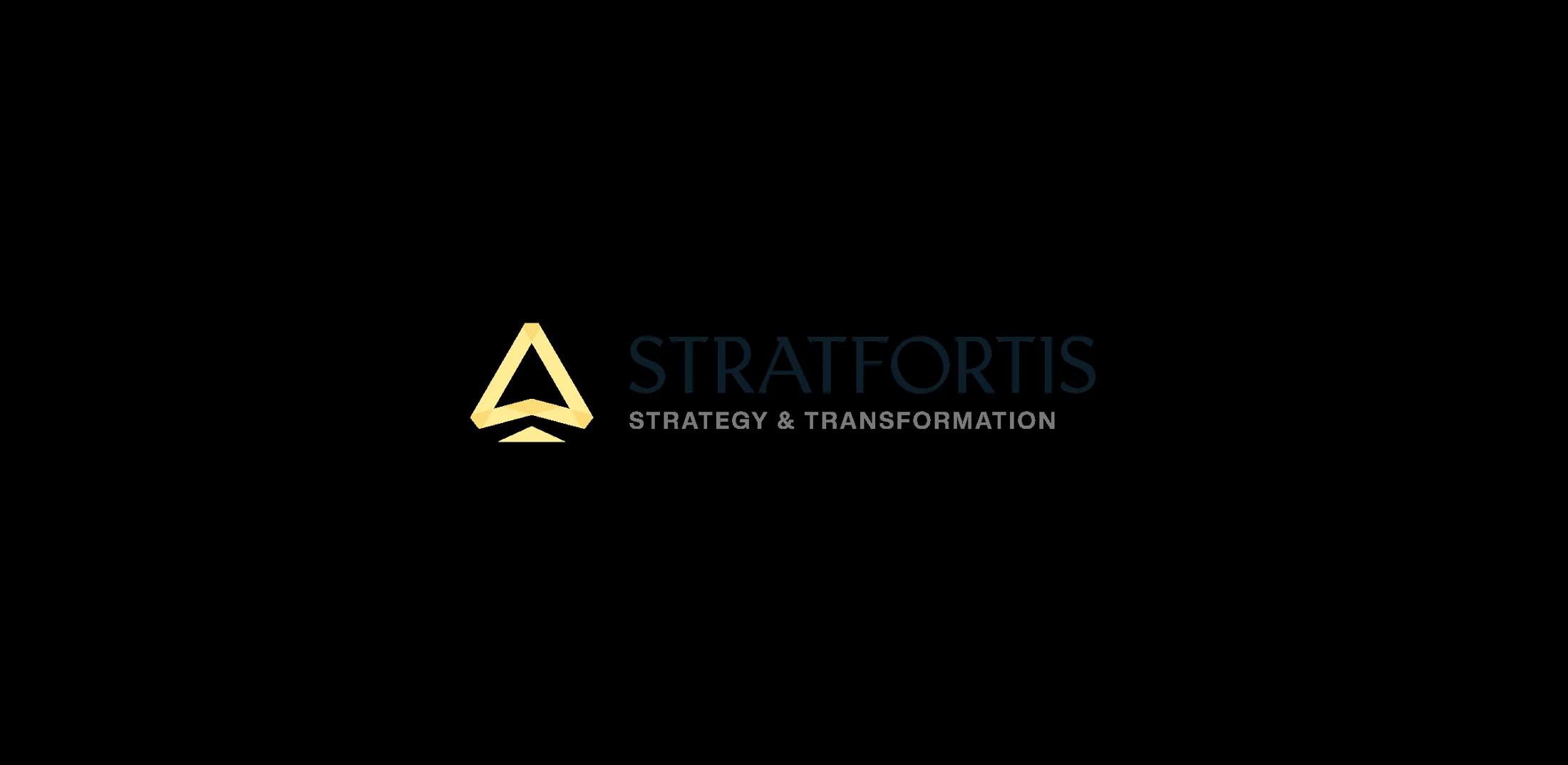 Stratfortis logo and tagline on a cream brand board