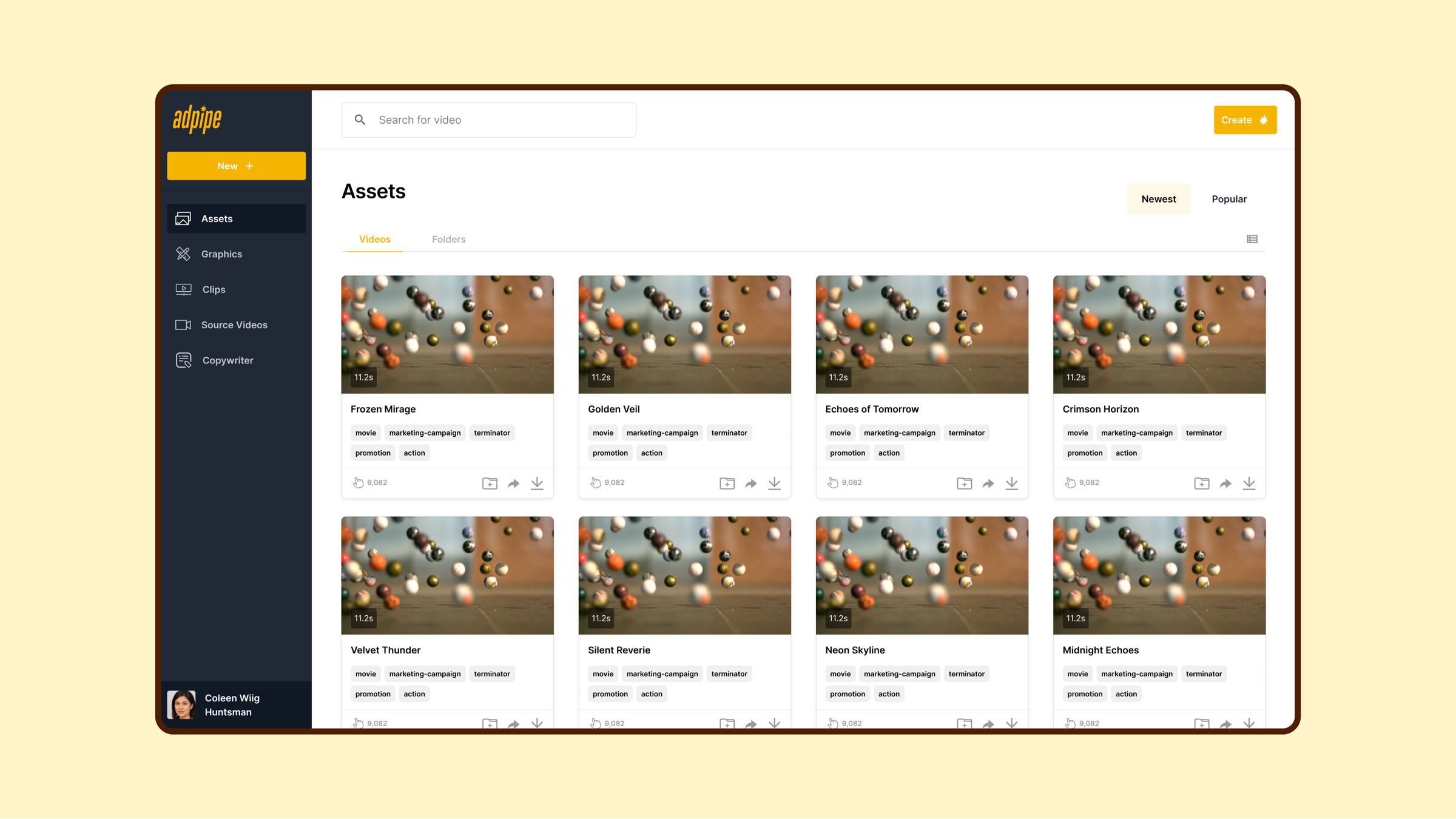 The AdPipe asset library, showing reusable media presented as cards within the workspace.