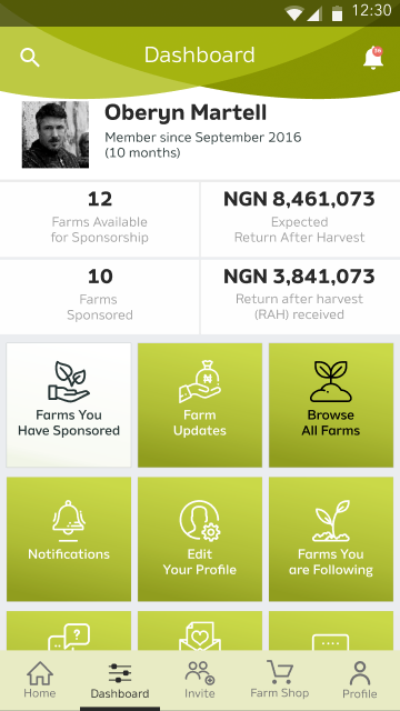 Farmcrowdy dashboard showing a member card, a count of farms available for sponsorship with expected return after harvest, a count of farms sponsored with return received, and a grid of actions for farms sponsored, farm updates, browsing all farms, notifications, editing profile and farms followed.
