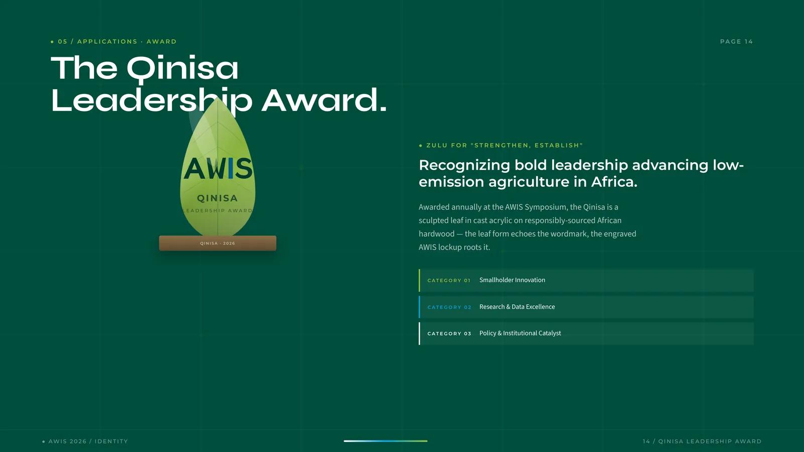 The Qinisa Leadership Award: a sculpted leaf in cast acrylic mounted on a hardwood base.
