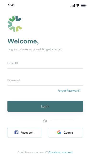Crowdyvest login screen: email and password fields, a forgotten-password link, Facebook and Google sign-in, and a create-an-account route.