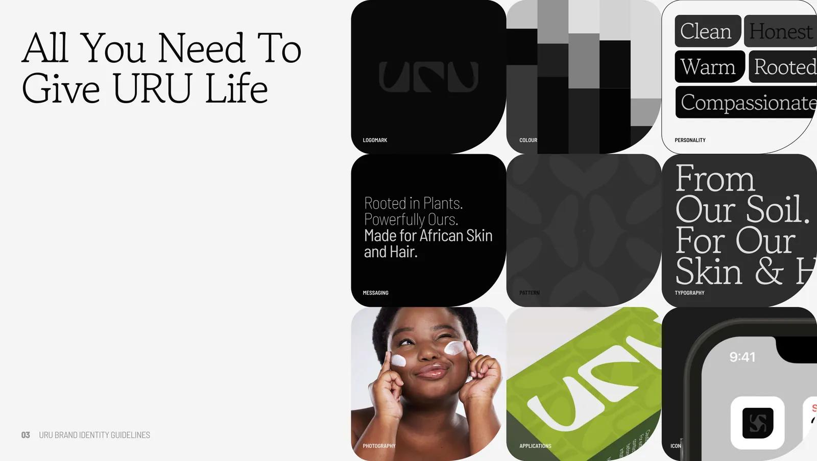 URU brand overview: logomark, icon, packaging, colour swatches and portrait photography on one board.