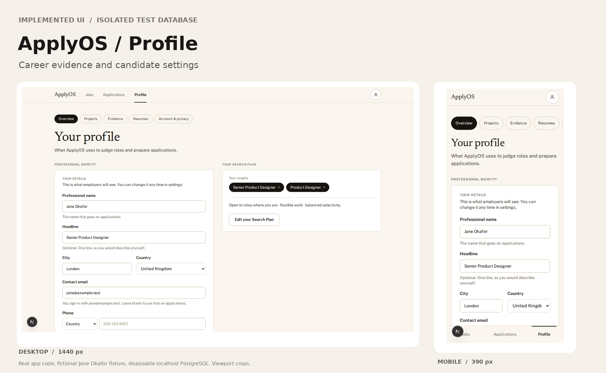 ApplyOS candidate evidence profile and work preferences, desktop and mobile