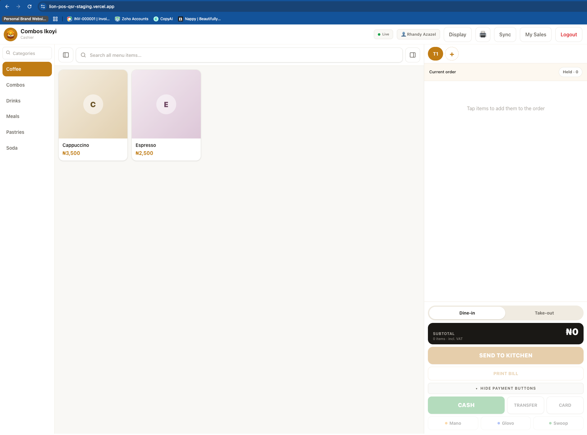 Lion POS workspace showing order and transaction controls