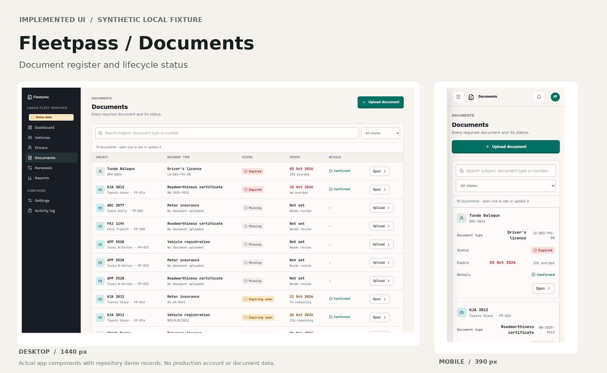 Fleetpass demo document register on desktop and mobile