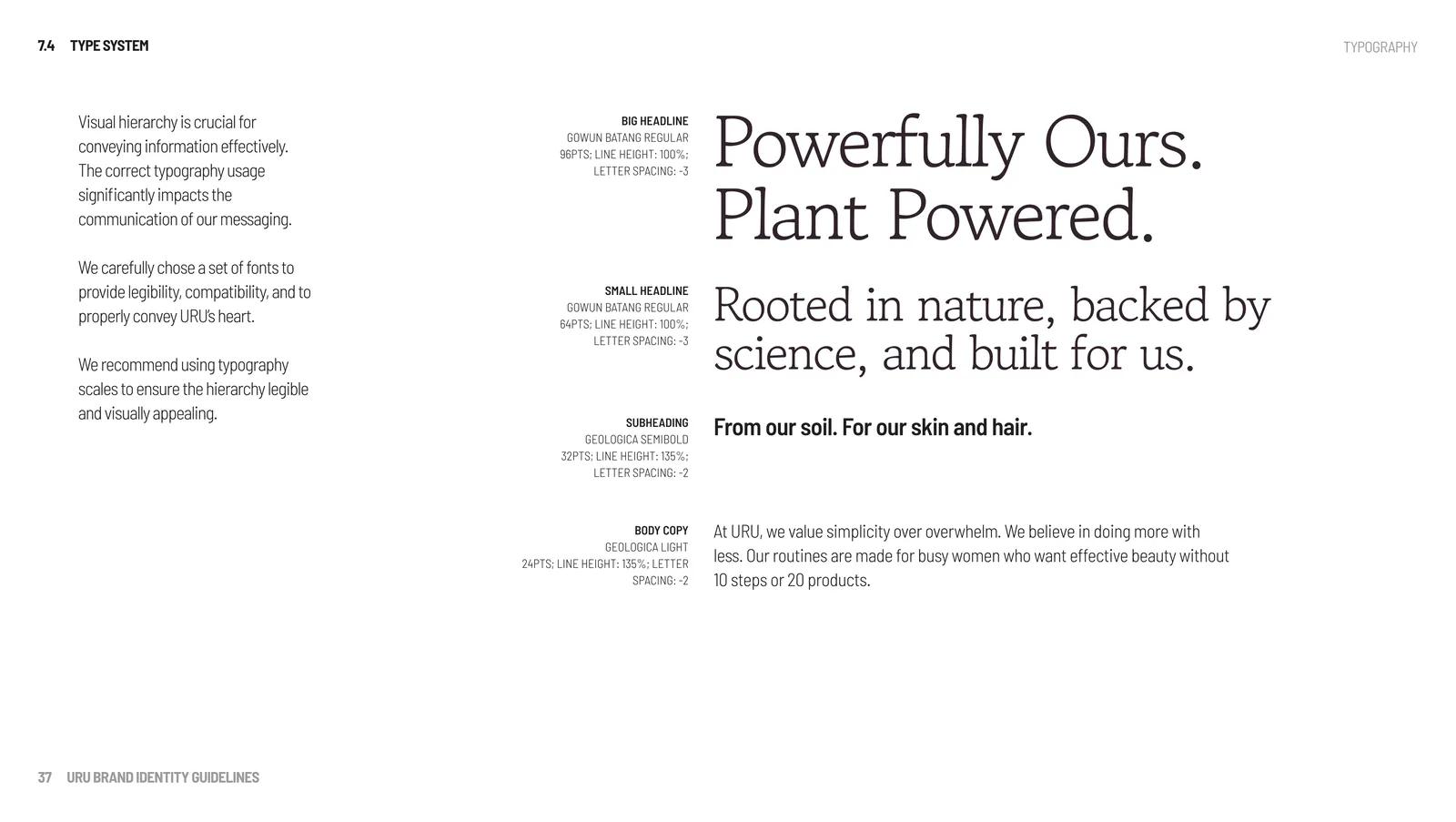 The URU type system showing headline, subheading and body settings with sizes and line heights.