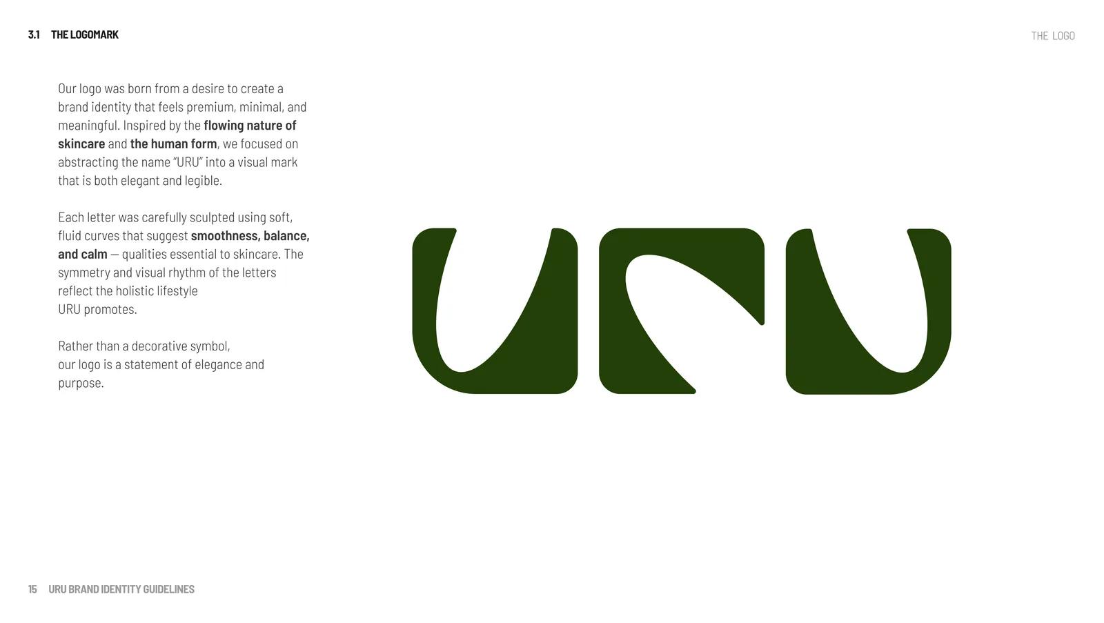 The URU logomark: three sculpted letterforms in deep green with soft, fluid curves.