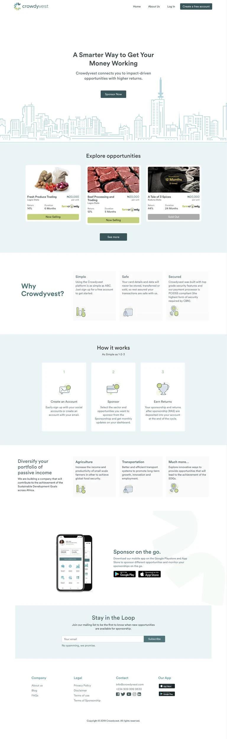 Full Crowdyvest website landing page introducing the platform, the portfolio model, how it works and routes into the app.