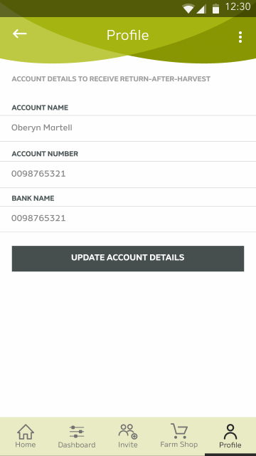 Profile screen headed “Account details to receive Return-After-Harvest”, with fields for account name, account number and bank name above an Update Account Details action.