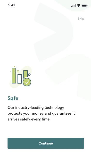 Crowdyvest onboarding screen headed “Safe”, with a skip link and a continue action.