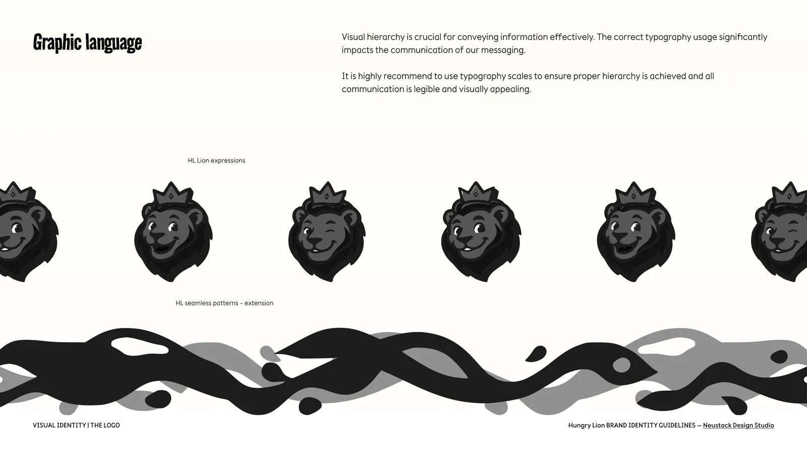 Hungry Lion graphic language: mascot expressions and seamless pattern extensions.