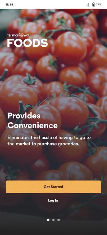 Farmcrowdy Foods onboarding screen with produce photography and the message “Provides Convenience”.
