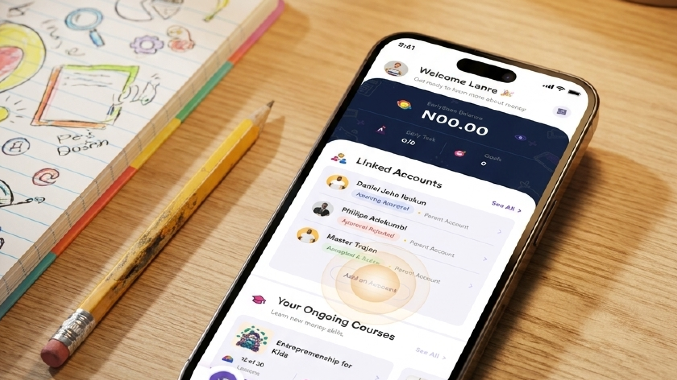 Child home screen: account balance, linked parent accounts, and ongoing courses.