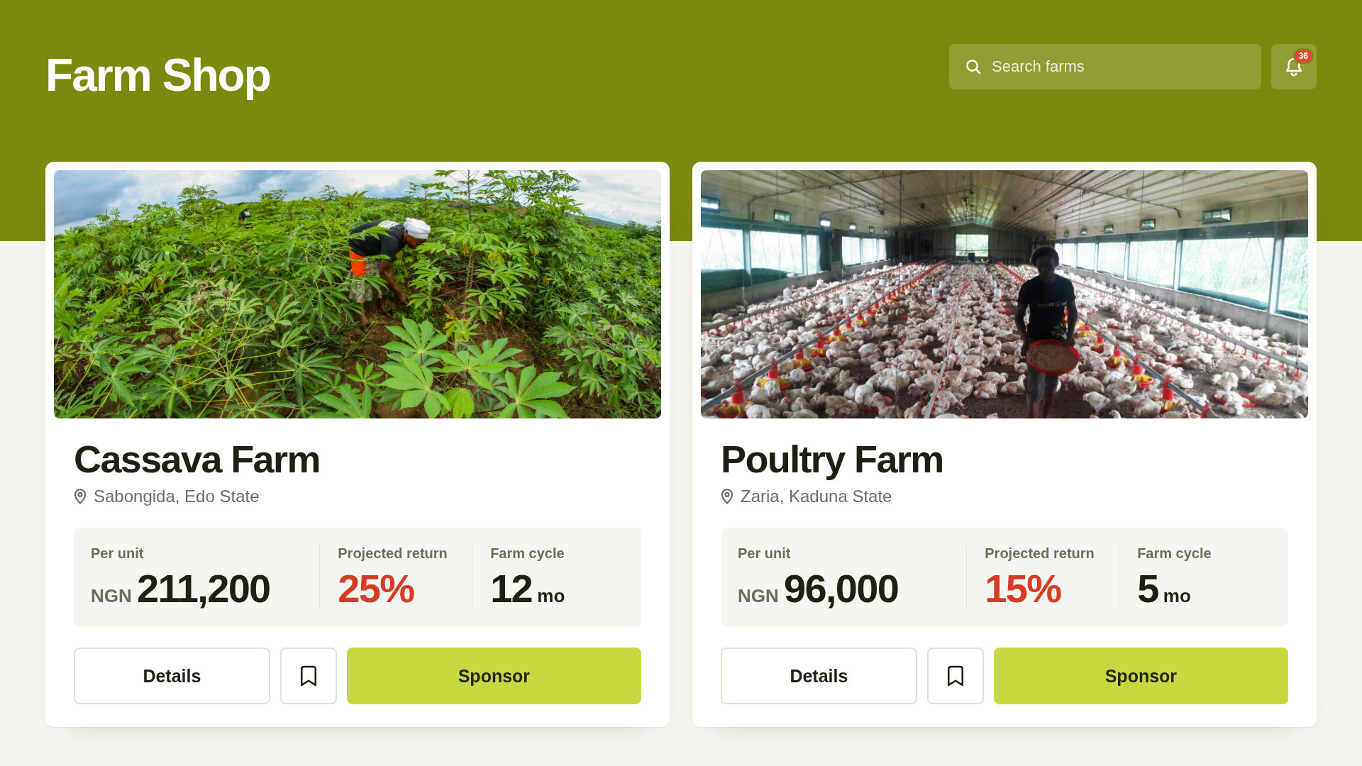 Retrospective Farmcrowdy Farm Shop interface comparing cassava and poultry farm sponsorships