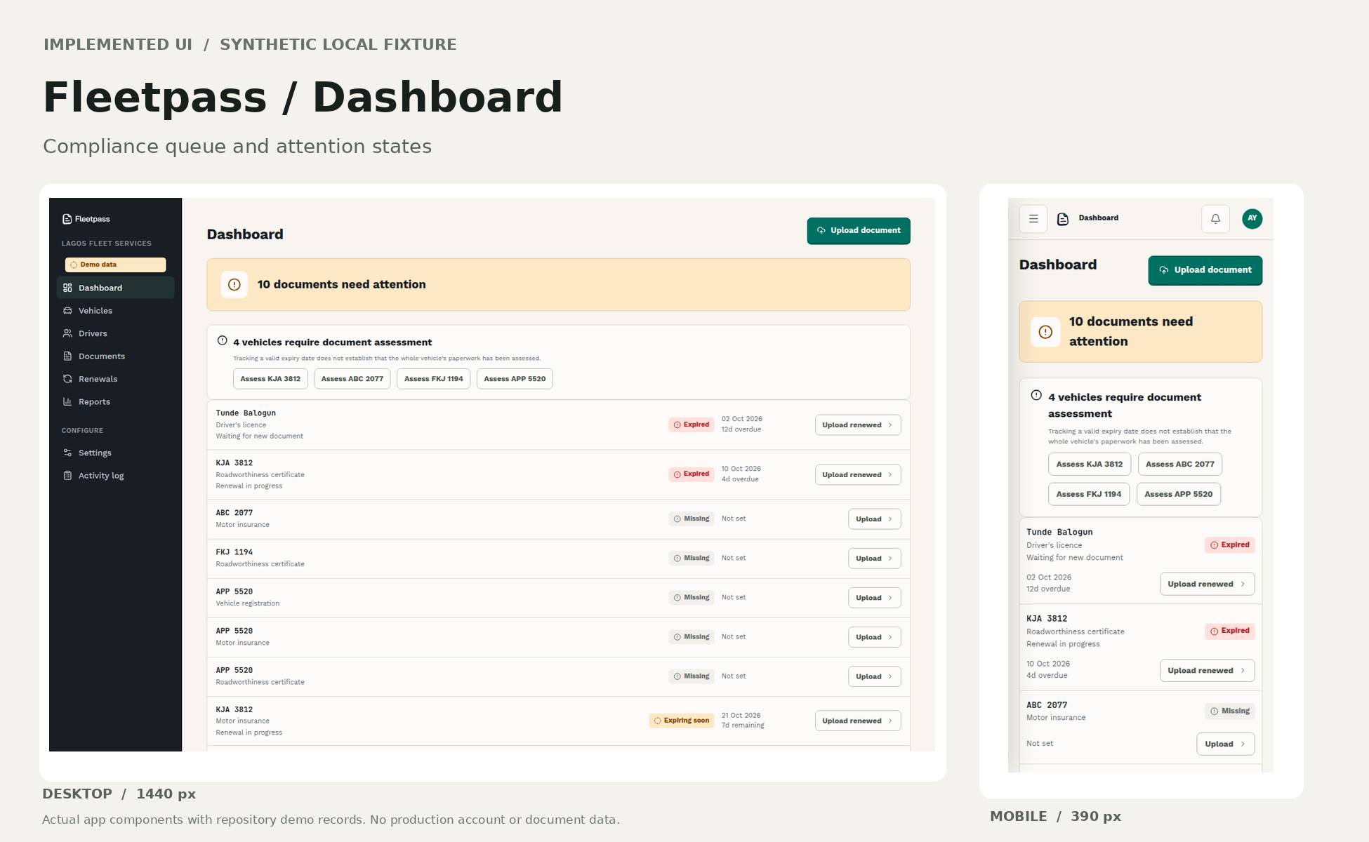Fleetpass implemented dashboard with urgency states, actual desktop and mobile layouts