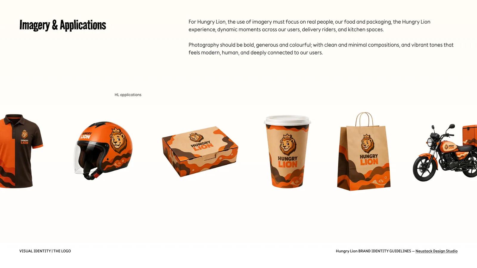 Hungry Lion applications: staff polo, helmet, meal box, cup, paper bag and delivery motorcycle.
