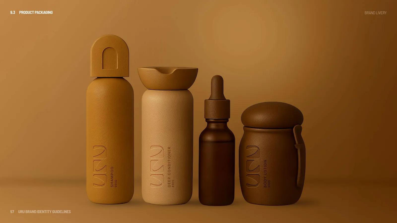 URU product packaging: a family of amber and cream bottles and jars with the debossed mark.