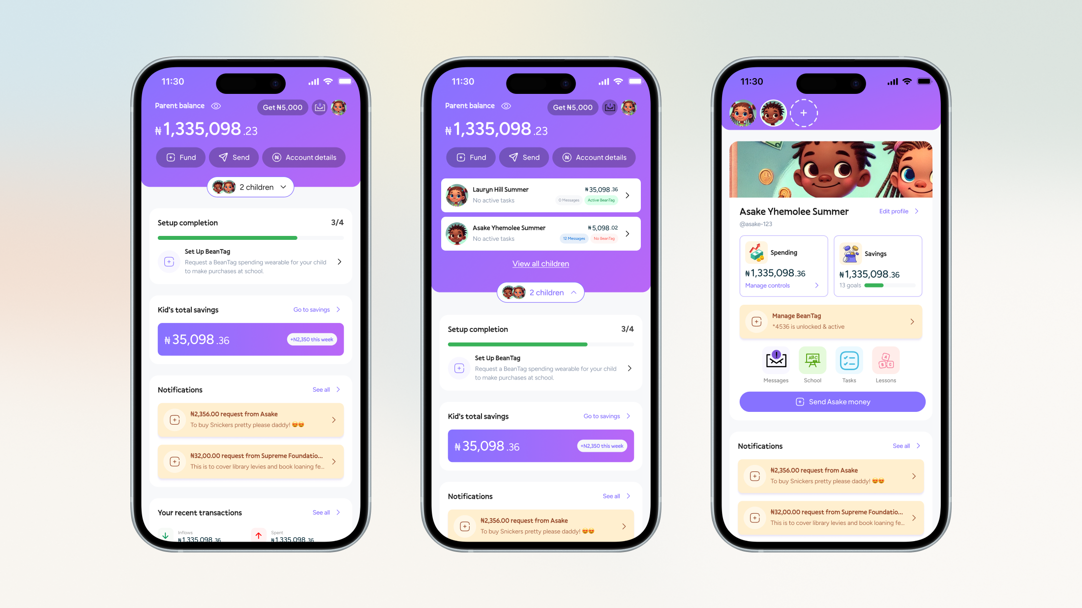 Shipped parent app: balance, funding, approvals and per-child controls.