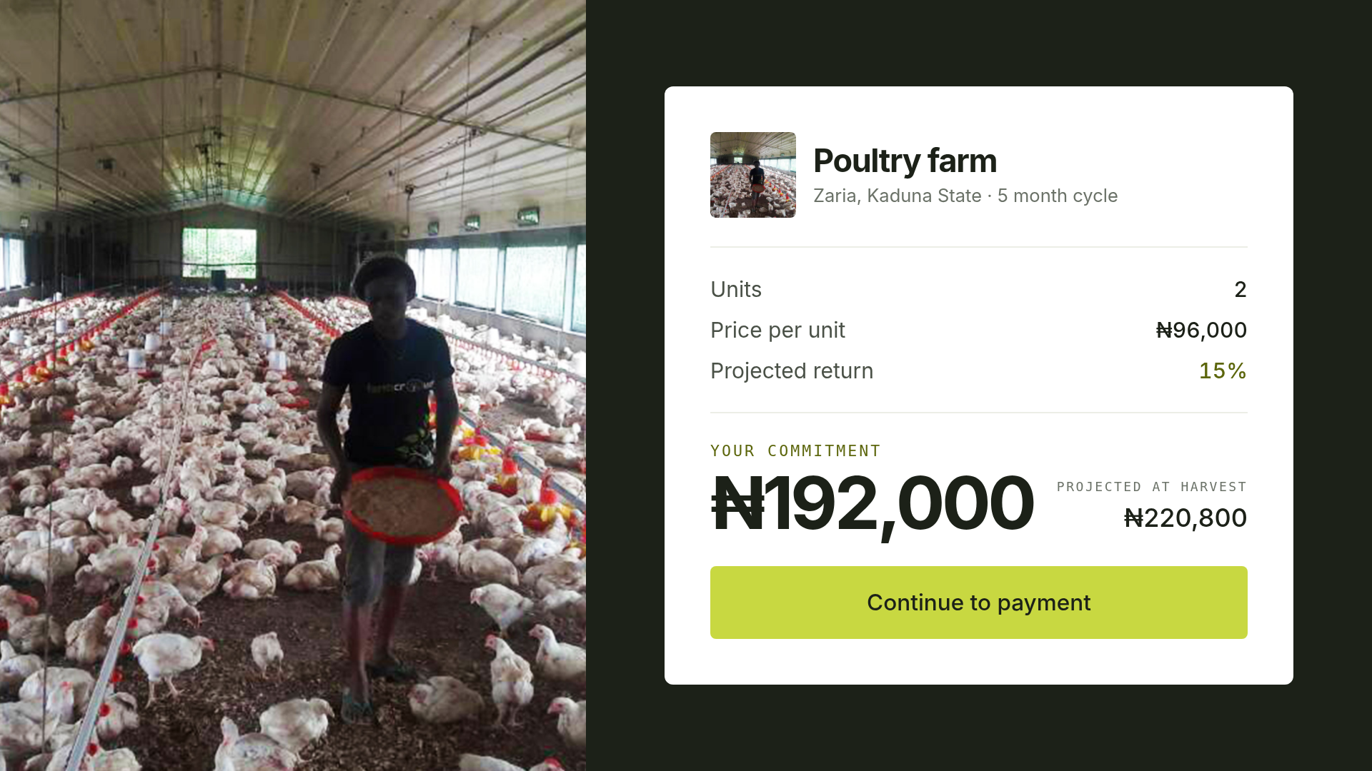 Retrospective sponsor commitment summary with archived poultry-farm photograph