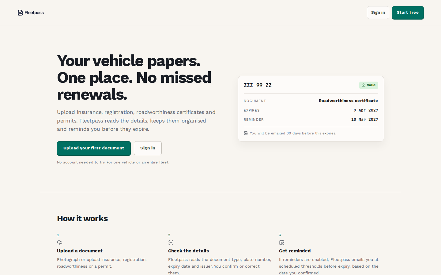 Actual Fleetpass upload-first production public website captured at 1440px
