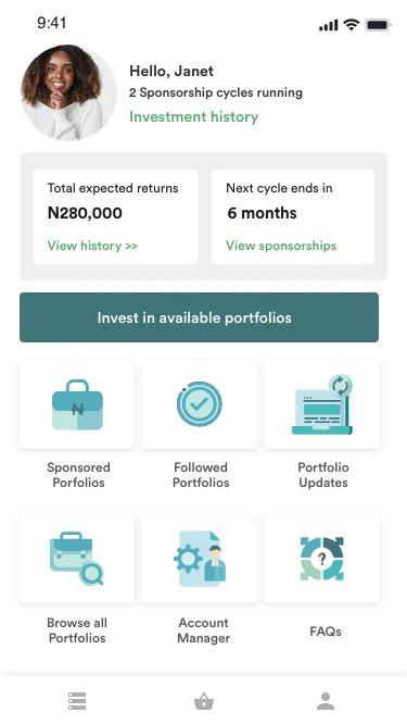 Crowdyvest member dashboard showing total expected returns and the next cycle, then sponsored portfolios, followed portfolios, portfolio updates, an account manager and FAQs.