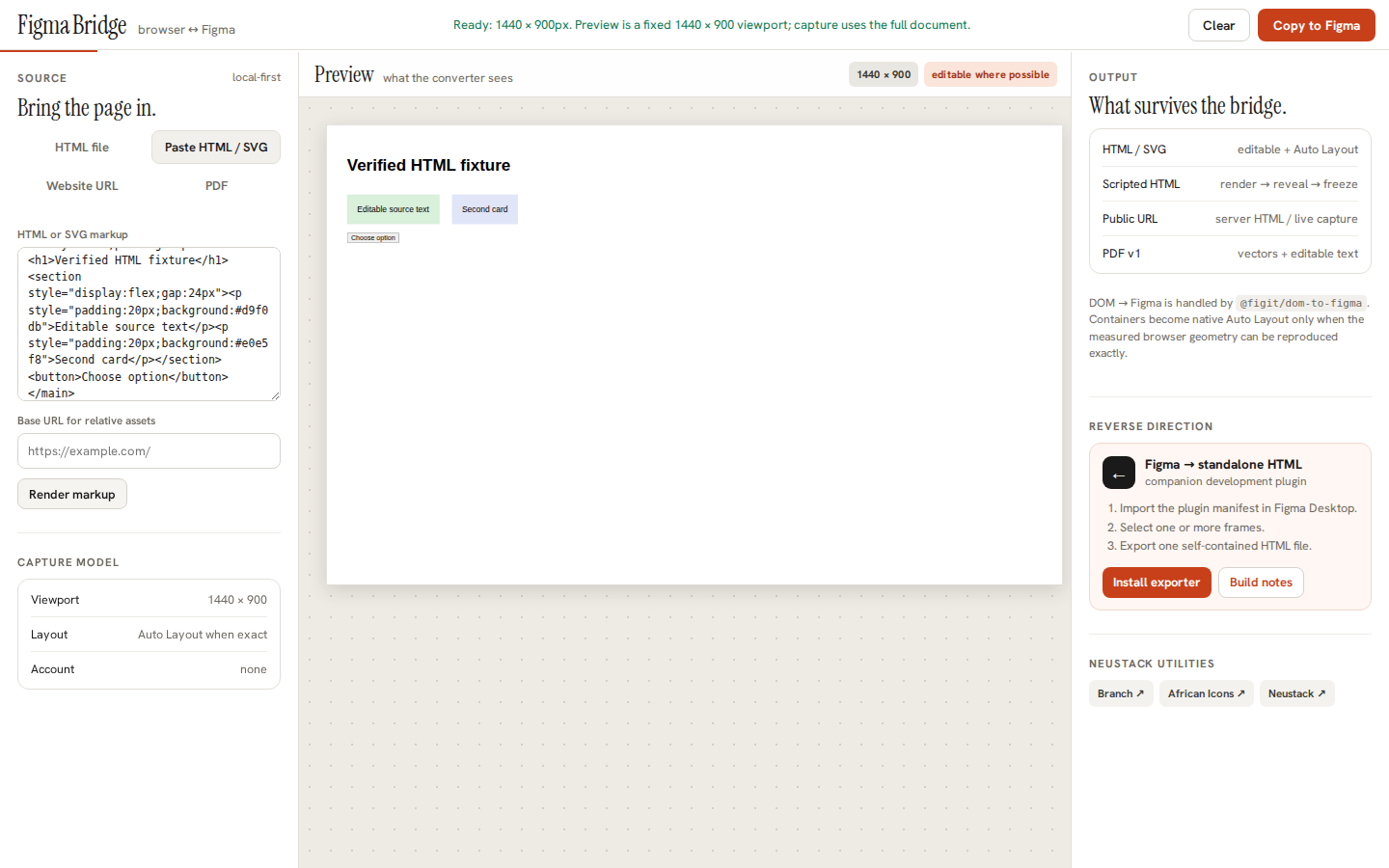 Real Figma Bridge production application with HTML source and corresponding rendered preview