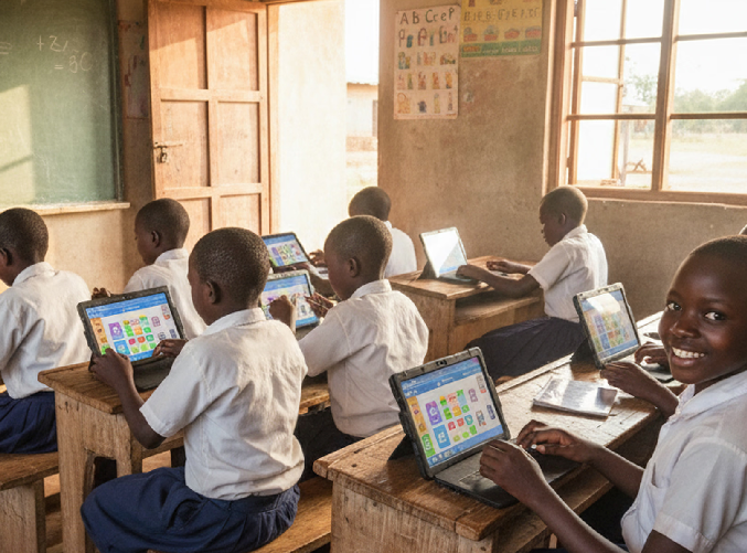 Students in a classroom using Kolibri on tablets, working from printed worksheets on wooden desks.