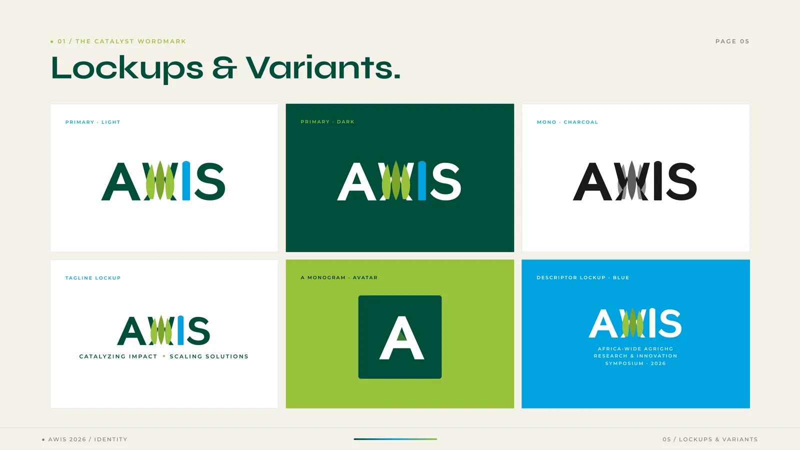 AWIS lockup variants: primary light, primary dark, mono charcoal, tagline lockup, monogram and descriptor lockup.