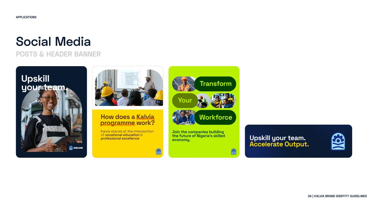 Kalvia social media applications: profile, posts and header banner using the trade-coded palette.