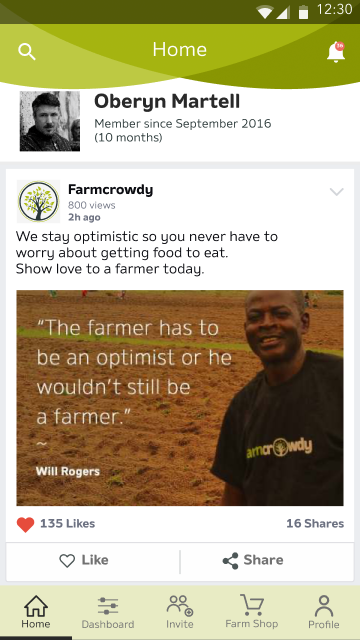 Farmcrowdy home feed showing a member card and a Farmcrowdy post with a farmer’s portrait, a quotation about optimism in farming, and like, share and view counts.