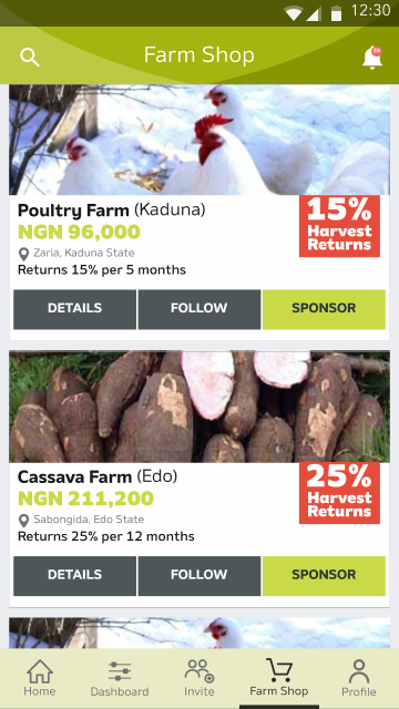 Farmcrowdy Farm Shop screen listing two farms open for sponsorship: a poultry farm in Kaduna at 15% harvest returns over 5 months, and a cassava farm in Edo at 25% harvest returns over 12 months, each with Details, Follow and Sponsor buttons.