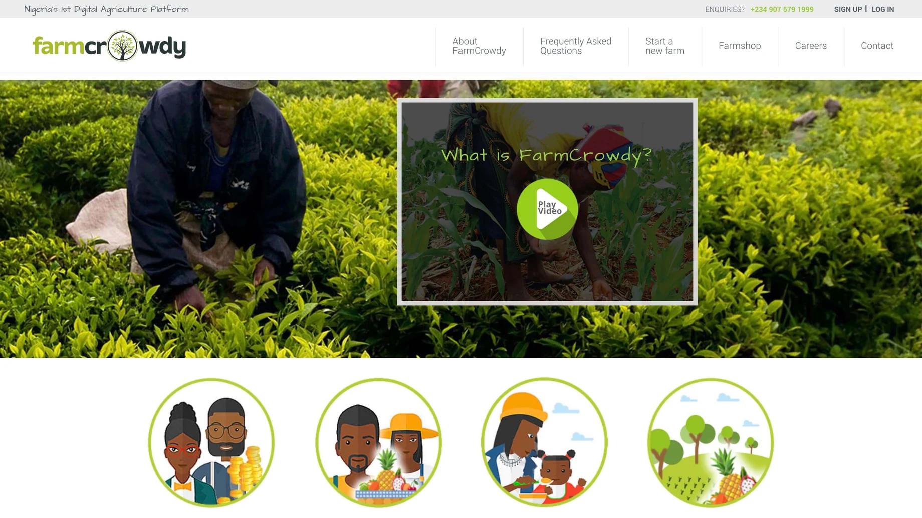 The Farmcrowdy website before the redesign: a utility bar, a six-item navigation, a photographic band with a floating framed “What is FarmCrowdy?” video box, and a row of four unlabelled illustrated circles.