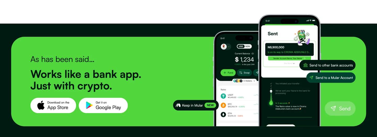 Mular app screens: a balance dashboard with Fund, Swap and Send actions and live wallet rates, next to a Sent confirmation showing the transfer status from initiated to received in the recipient's bank account.