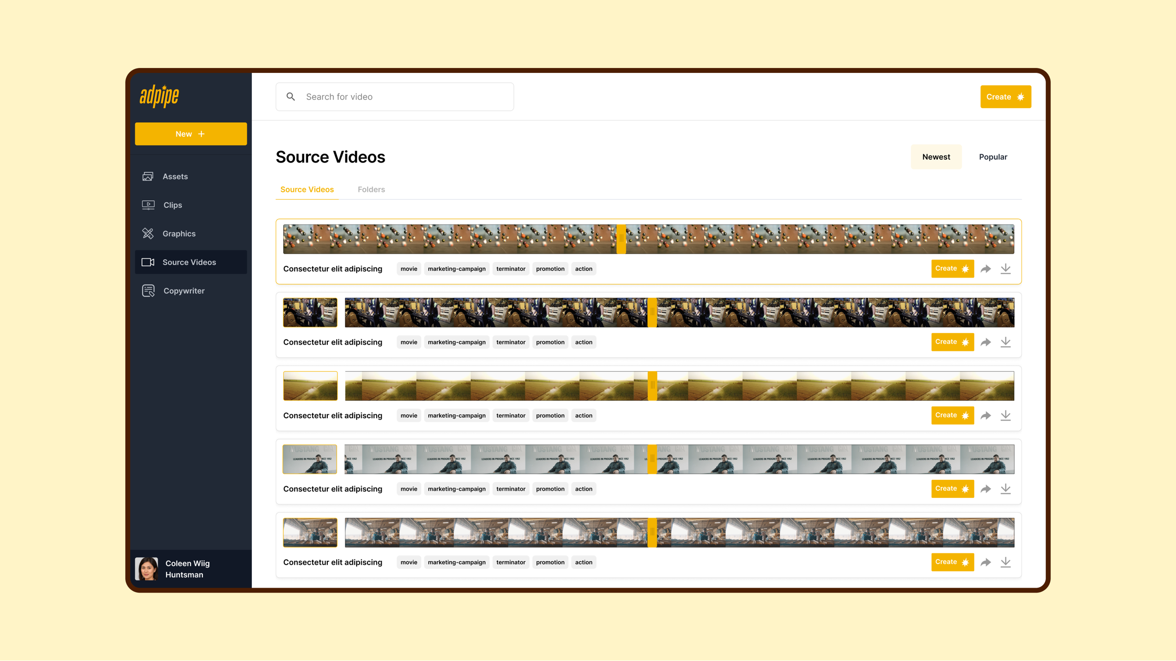 The AdPipe Source Videos workspace, with source material organised into rows of previewable items.