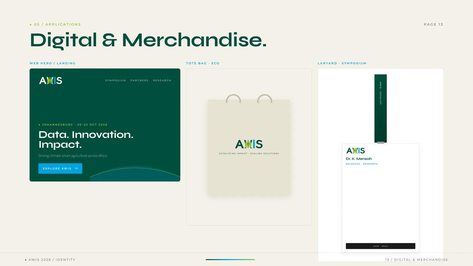 AWIS applications: web hero landing page, eco tote bag and symposium lanyard.