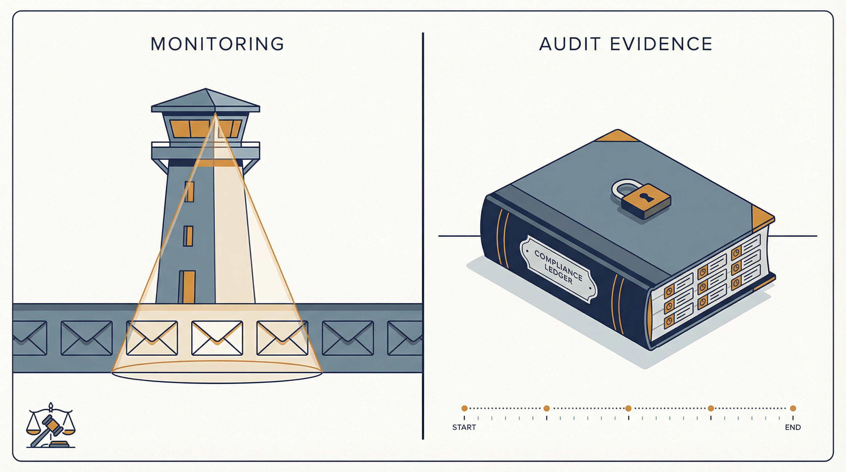 Editorial illustration showing the balance between organizational email monitoring rights and employee privacy, with audit evidence retained in a secure ledger